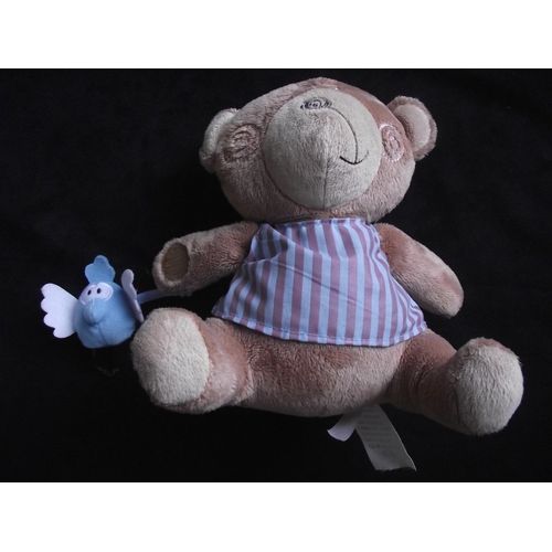Doudou Ours Avec Son Oiseau Vertbaudet Marron Pull Rayé  Bleu