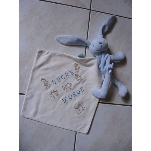 Doudou Peluche Mouchoir Lapin Bleu Cajou Ours Brodé Sucre D'orge