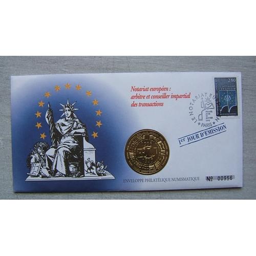 Enveloppe Officielle Timbre Et Medaille Monnaie De Paris " 1er Jour D'émission " Notariat Européen 1995