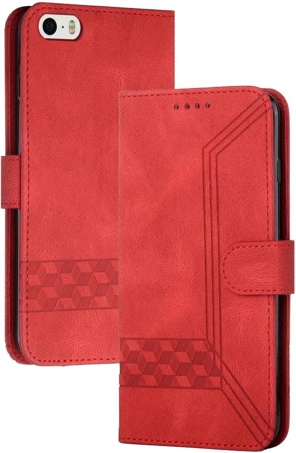 Coque Compatible Avec Iphone 5/Iphone 5s/Iphone Se (4.0 Pouce),Anti-Choc Housse En Cuir Premium Flip Case Portefeuille Etui,Rouge