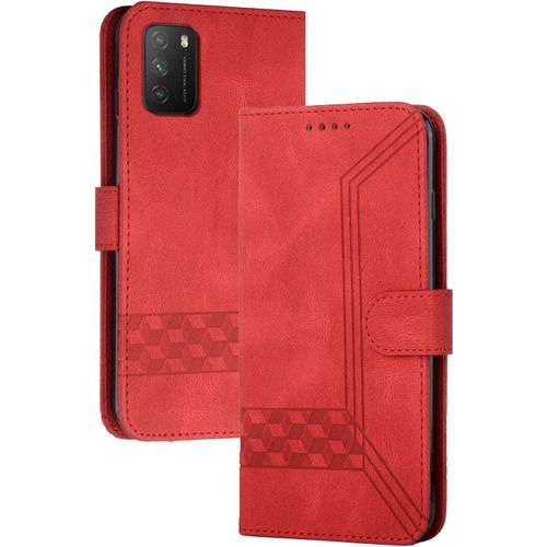 Coque Compatible Avec Xiaomi Poco M3,Anti-Choc Housse En Cuir Premium Flip Case Portefeuille Etui,Rouge
