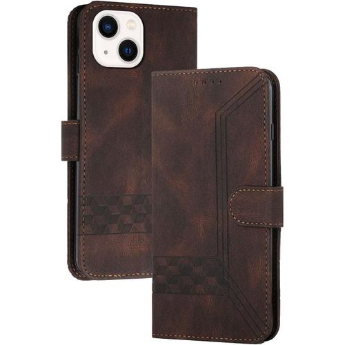 Coque Compatible Avec Iphone 13 (6.1 Pouce),Anti-Choc Housse En Cuir Premium Flip Case Portefeuille Etui,Cafe