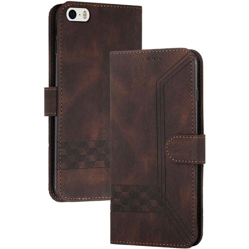 Coque Compatible Avec Iphone 5/Iphone 5s/Iphone Se (4.0 Pouce),Anti-Choc Housse En Cuir Premium Flip Case Portefeuille Etui,Cafe