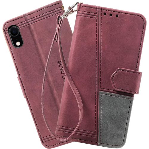 Coque Compatible Avec Iphone Xr, Portefeuille Housse En Cuir Pu Pour Iphone Xr, Magnetique Antichoc Flip Coque, Vin Rouge