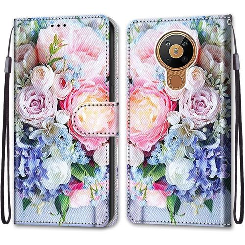 Coque Pour Nokia 5.3, Etui En Cuir Pu Portefeuille Housse Coque Avec 360 Degres Silicone Antichoc Protection Cover Cuir Pochette Magnetique Und Flip Bequille (Fleur 3)