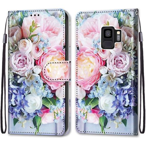 Coque Pour Samsung Galaxy S9, Etui En Cuir Pu Portefeuille Housse Coque Avec 360 Degres Silicone Antichoc Protection Cover Cuir Pochette Magnetique Und Flip Bequille (Fleur 3)