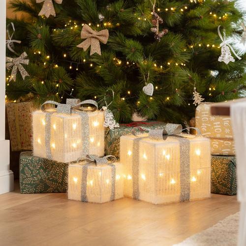 Pack De 3 Boîtes Cadeaux De Noël Led Ribbon Argent