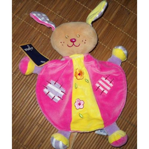 Doudou Lapin Chien Ajena Rose Grelot Plat