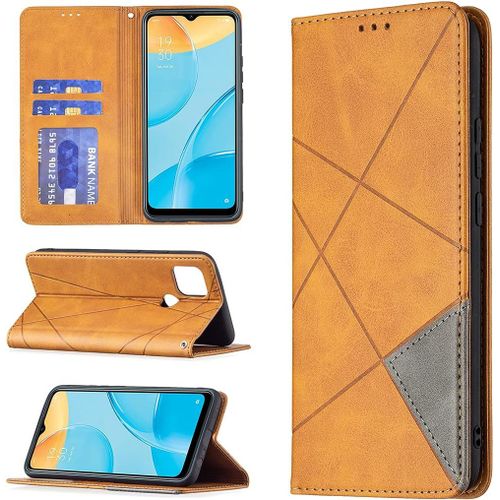 Coque Pour Oppo A15 Etui De Protection Portefeuille Rhombique [Magnetique Loquet] A Rabat Clapet Wallet Etui En Simili Cuir [Support][Porte Carte] Antichoc Cover Housse,Orange