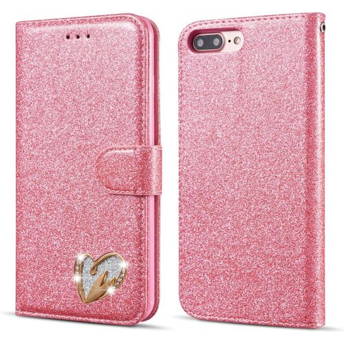 Etui Pour Iphone 6 Plus 6s Plus Coque, Flip Case Etui Paillette Glitter Bling Portefeuille En Cuir Housse Avec Porte Carte Magnetique Wallet Cover Pour Iphone 6 Plus 6s Plus - Rose