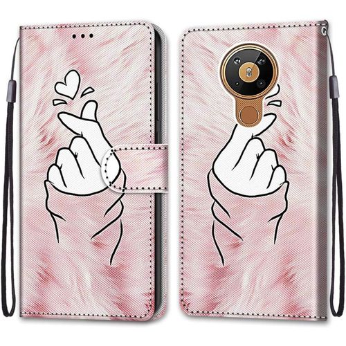 Coque Pour Nokia 5.3, Etui En Cuir Pu Portefeuille Housse Coque Avec 360 Degres Silicone Antichoc Protection Cover Cuir Pochette Magnetique Und Flip Bequille (Doigt Coeur)