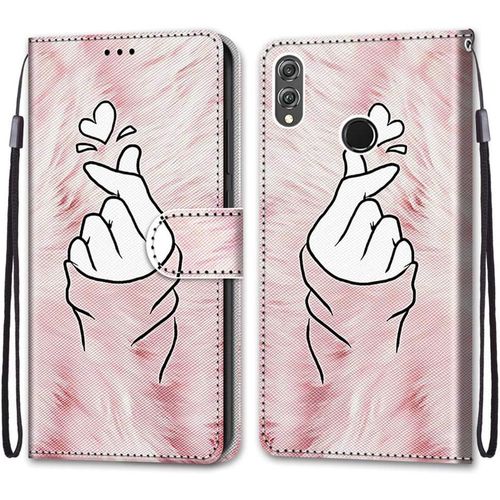 Coque Pour Huawei Honor 8x, Etui En Cuir Pu Portefeuille Housse Coque Avec 360 Degres Silicone Antichoc Protection Cover Cuir Pochette Magnetique Und Flip Bequille (Doigt Coeur)