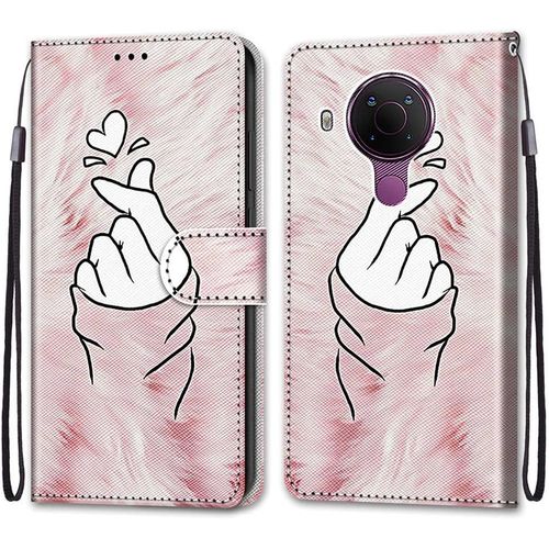 Coque Pour Nokia 5.4, Etui En Cuir Pu Portefeuille Housse Coque Avec 360 Degres Silicone Antichoc Protection Cover Cuir Pochette Magnetique Und Flip Bequille (Doigt Coeur)