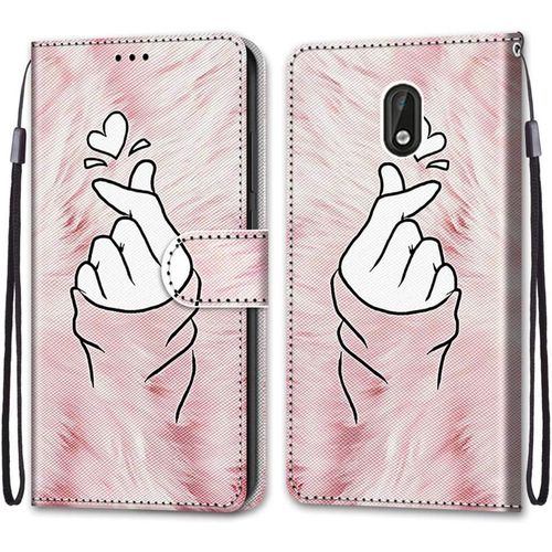 Coque Pour Nokia 3, Etui En Cuir Pu Portefeuille Housse Coque Avec 360 Degres Silicone Antichoc Protection Cover Cuir Pochette Magnetique Und Flip Bequille (Doigt Coeur)