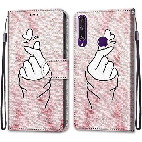 Coque Pour Huawei Y6p, Etui En Cuir Pu Portefeuille Housse Coque Avec 360 Degres Silicone Antichoc Protection Cover Cuir Pochette Magnetique Und Flip Bequille (Doigt Coeur)