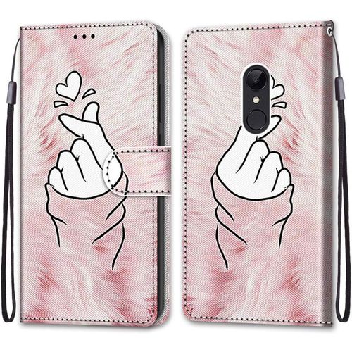 Coque Pour Xiaomi Redmi 5, Etui En Cuir Pu Portefeuille Housse Coque Avec 360 Degres Silicone Antichoc Protection Cover Cuir Pochette Magnetique Und Flip Bequille (Doigt Coeur)