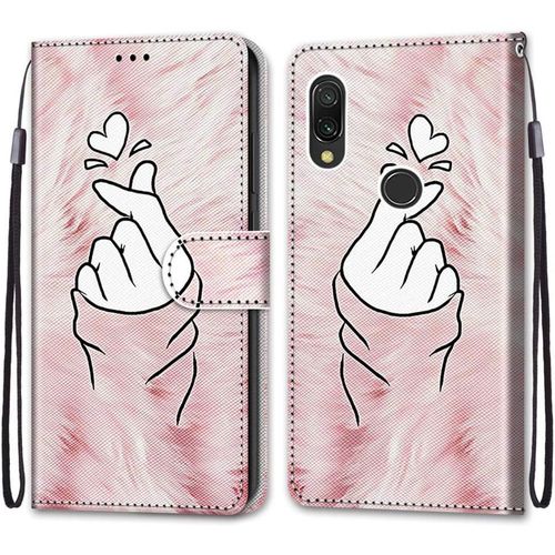 Coque Pour Xiaomi Redmi 7, Etui En Cuir Pu Portefeuille Housse Coque Avec 360 Degres Silicone Antichoc Protection Cover Cuir Pochette Magnetique Und Flip Bequille (Doigt Coeur)