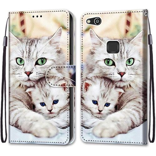 Coque Pour Huawei P10 Lite, Etui En Cuir Pu Portefeuille Housse Coque Avec 360 Degres Silicone Antichoc Protection Cover Cuir Pochette Magnetique Und Flip Bequille (Chats 2)