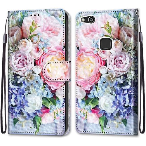 Coque Pour Huawei P10 Lite, Etui En Cuir Pu Portefeuille Housse Coque Avec 360 Degres Silicone Antichoc Protection Cover Cuir Pochette Magnetique Und Flip Bequille (Fleur 3)