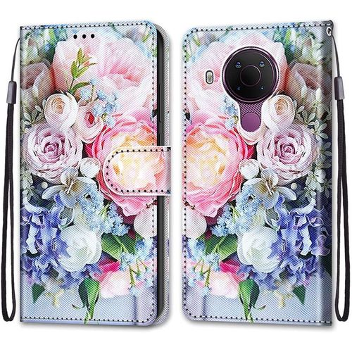 Coque Pour Nokia 5.4, Etui En Cuir Pu Portefeuille Housse Coque Avec 360 Degres Silicone Antichoc Protection Cover Cuir Pochette Magnetique Und Flip Bequille (Fleur 3)