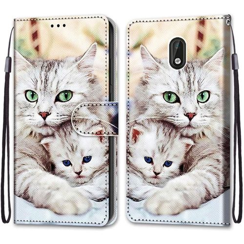 Coque Pour Nokia 3, Etui En Cuir Pu Portefeuille Housse Coque Avec 360 Degres Silicone Antichoc Protection Cover Cuir Pochette Magnetique Und Flip Bequille (Chats 2)