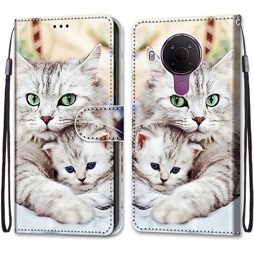 Coque Pour Nokia 5.4, Etui En Cuir Pu Portefeuille Housse Coque Avec 360 Degres Silicone Antichoc Protection Cover Cuir Pochette Magnetique Und Flip Bequille (Chats 2)