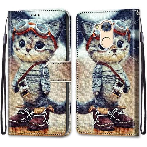 Coque Pour Huawei Honor 6a, Etui En Cuir Pu Portefeuille Housse Coque Avec 360 Degres Silicone Antichoc Protection Cover Cuir Pochette Magnetique Und Flip Bequille (Chat 1)