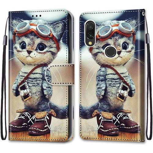 Coque Pour Xiaomi Redmi 7, Etui En Cuir Pu Portefeuille Housse Coque Avec 360 Degres Silicone Antichoc Protection Cover Cuir Pochette Magnetique Und Flip Bequille (Chat 1)