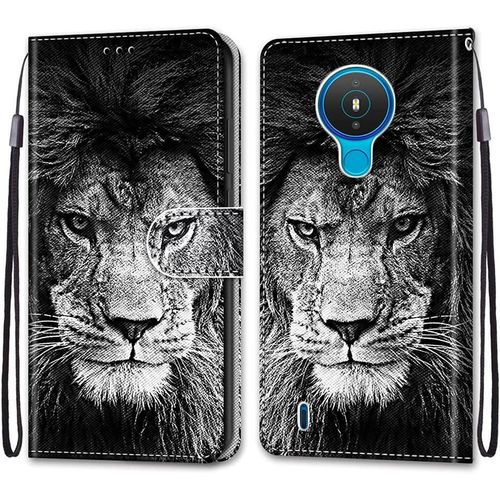 Coque Pour Nokia 1.4, Etui En Cuir Pu Portefeuille Housse Coque Avec 360 Degres Silicone Antichoc Protection Cover Cuir Pochette Magnetique Und Flip Bequille (Lion)