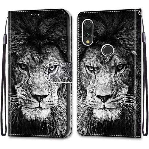 Coque Pour Xiaomi Redmi 7, Etui En Cuir Pu Portefeuille Housse Coque Avec 360 Degres Silicone Antichoc Protection Cover Cuir Pochette Magnetique Und Flip Bequille (Lion)