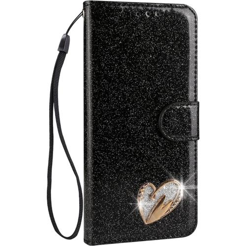 Coque Compatible Avec Iphone 5s / Iphone 5 [Avec Verre Trempe], Glitter Bling Housse En Cuir Synthetique Avec Support Et Cartes Compartiments (Noir)