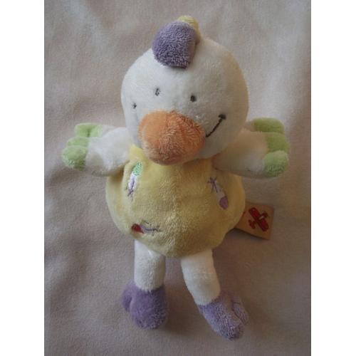 Doudou Oiseau Poussin Nicotoy Plumes Brodées Blanc Jaune Vert Violet 17 Cm