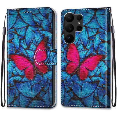 Coque Pour Samsung Galaxy S23 Ultra, Etui En Cuir Pu Portefeuille Housse Coque Avec 360 Degres Silicone Protection Cover Cuir Pochette Magnetique Und Flip Bequille (Papillon)