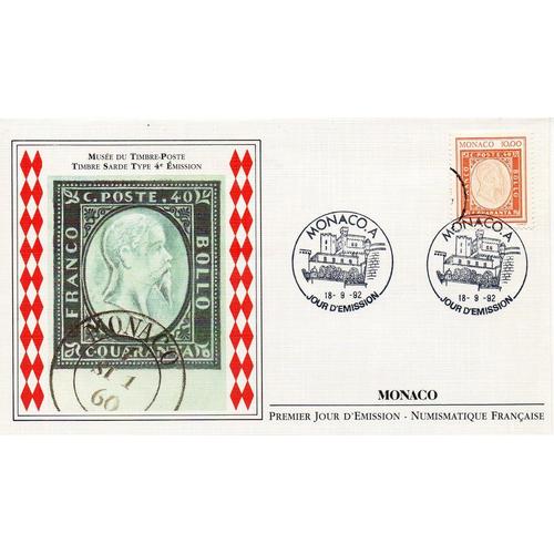 Monaco - Fdc - 1er Jour - Musée Du Timbre Poste - Timbre Sarde Type 4e Émission - Monaco 18 Septembre 1992