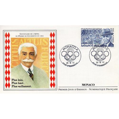 Monaco - Fdc - 1er Jour - Centenaire De L'appel De Pierre De Coubertin En 1892 - Monaco, Le 20 Octobre 1992