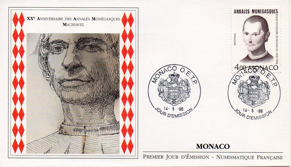 Monaco - Fdc - 1er Jour - 20e Anniversaire Des Annales Monégasques Machiavel - Monaco, Le 14 Mai 1996