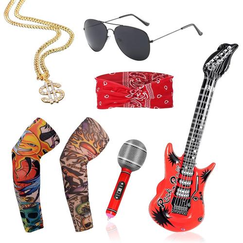 7 Pcs Deguisements Rock Accessoires, Rock M¿¿Tal Lourd Disco Annees 70 80 90 Costume, Accessoires De Costume Punk, Bandeau Rouge Vintage Tatouage Manches Gonflable Guitare Microphone