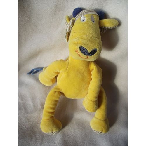 Doudou Girafe Vache Catimini Jaune  Rayé Marron Beige Corne Bleu  30 Cm Allongé