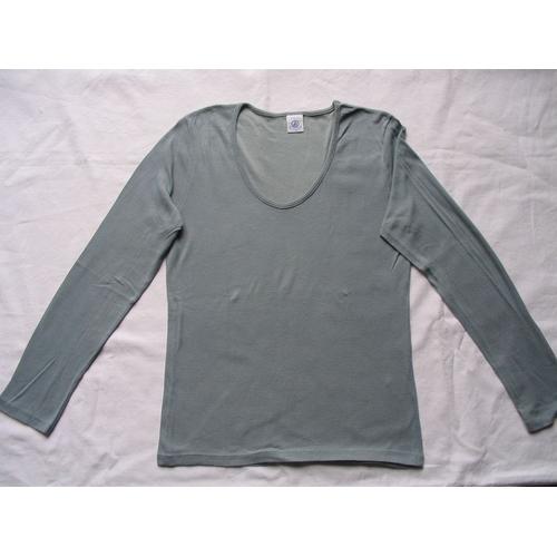 T-Shirt Petit Bateau , Col V , Gris/Bleu, Manches Longues