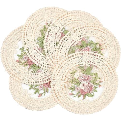 6pcs Napperons De Fleurs Vintage Floral Sets De Table Broderie Artisanat Dessous De Verre Style Europ¿¿En Dentelle Tissu Isolant Pour Table ¿¿ Manger (Blanc Antique)