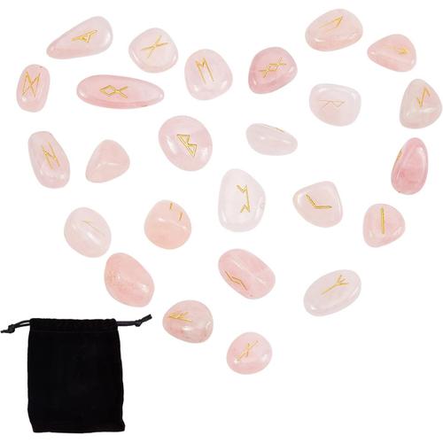 25 PCS Rose Rune Stones Ensemble Quartz Grav¿¿ Elder Futhark Alphabet Magique Lettrage Cristal avec Pochette en Velours pour Divination M¿¿taphysique Gu¿¿rison Chakra