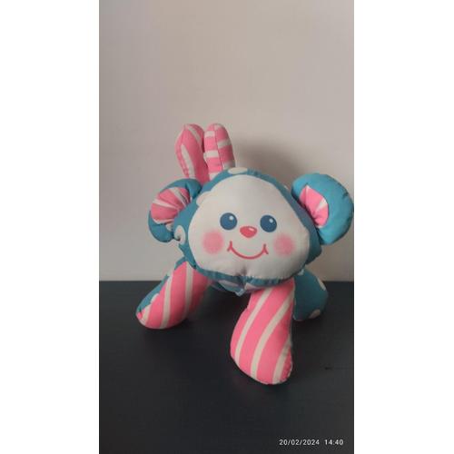 Peluche Doudou Singe Grelot Bleu Rayé Blanc- Rose-Bleu Fisher-Price Vintage