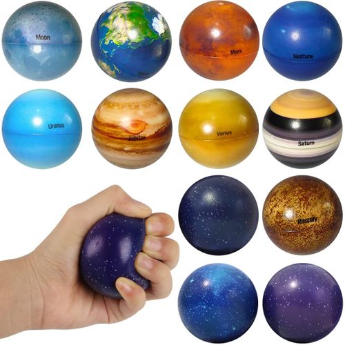 Balle Anti-Stress Fidget Toy, 12pcs Boule Stressantes, Mini Balle De Sport/Planètes/Animaux/Insectes/Emoji Balle Anti-Stress, Balle De Relief Pression, Balle Sensorielles Jouets (Planètes)