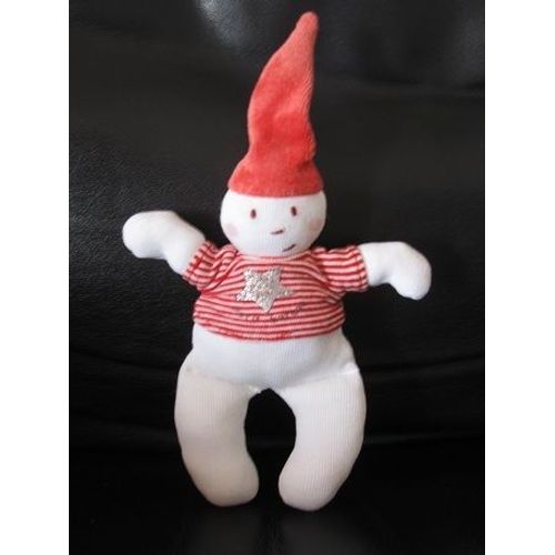 Lutin Petit Bateau Blanc Avec Tee Shirt Rayé Rouge Et Bonnet Rouge