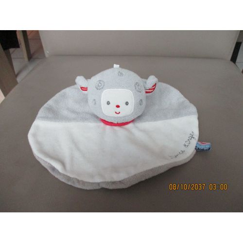 Doudou Plat Rond Ours Gris/Blanc/Rouge Sucre D'orge