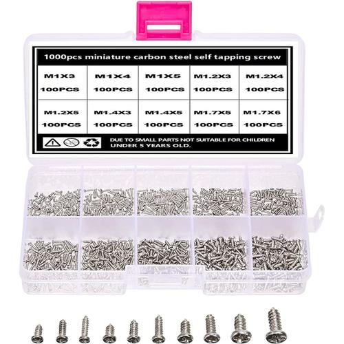 Lot De 1000 Mini Vis Autotaraudeuses - Petites Vis Argent¿¿Es - Micro Vis M1 M1.2 M1.4 M1.7 - Pour Lunettes, Montres, T¿¿L¿¿Phones, Appareils Photo, Ordinateurs Portables, Etc.