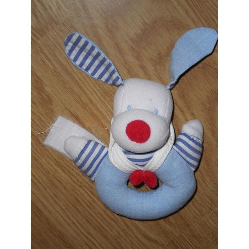 Hochet Jacadi Peluche Chien Hund Dog Lapin Blanc Bleu Rouge Raye Grelot