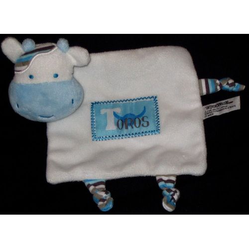 Vache Doudou Plat Carré Blanc Bleu Marron Rayé Brodé Toros Tape À L'oeil Tao