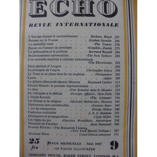 Echo Revue Internationale Ecrits Faits Et Idees  N° 9 : Echo Revue Internationale Ecrits Faits Et Idees De Tous Pays N°9 De Mai  1947