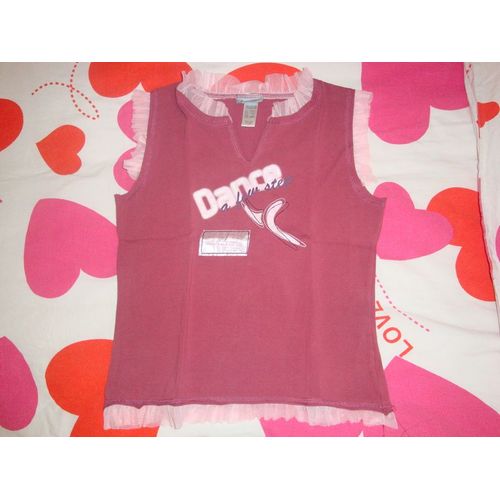 T-Shirt Domyos 14ans Rose Foncé Danse A Few Step, Avec Tulle Encolure, Emmanchures Et Bas Du T Shirt